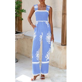 PRETTYGARDEN Womens Jumpsuit Casual One Piece Boho Summer Outfits Shirred Strap Wide Leg Long Pants Rompers With Pockets (Sky Blue White Flower, Large)