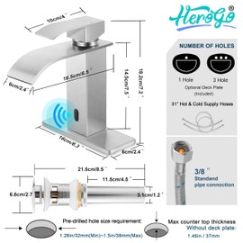 Herogo Touchless Bathroom Sink Faucet, Automatic Sensor Brushed Nickel Waterfall Stainless Steel Bathroom Faucet with Brass Pop Up Drain for Vanity RV Lavatory Farmhouse