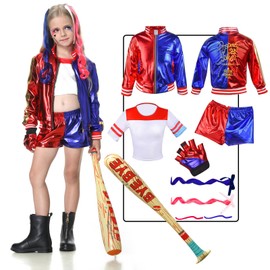 IEEILULU Clow Costumes Cosplay for Children, Quinn Costume Children's Carnival Cosplay Set, Quinn Carnival Cosplay Costume Set Includes Jacket, T-Shirt, Shorts, Gloves for Carnival Cosplay (110-120)