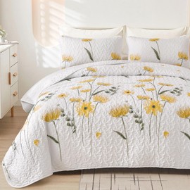 Dinjoy Quilt Set King Floral Bedspread Coverlet Yellow Quilts Bedding Microfiber Lightweight Summer Reversible Soft Farmhouse Fall Bed Cover for All Season(110"x90")