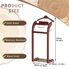 Dkjdssek Suit Valet Stand for Man and Women, Wood Clothing Valet Stand Suit with Contour Hanger, Tray, Trouser Bar, Tie Bar and Shoe Rack, for Entryway Office Living Room 40X35X114CM