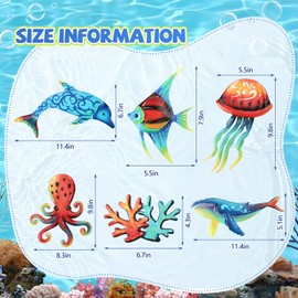 Lounsweer 6 Pcs Metal Beach Wall Sculptures Outdoor Metal Sea Jellyfish, Octopus, Dolphins, Whales, Angel Fish, Corals Wall Art Decoration for Patio Pool Bathroom Yard Farmhouse Fence Deck