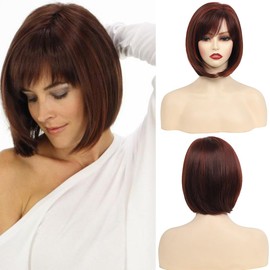 Short Burgundy Highlight Bob Wig with Bangs Red Pixie Bob Wigs for Women Hair Wigs for Daily Party (22466E, 30CM)