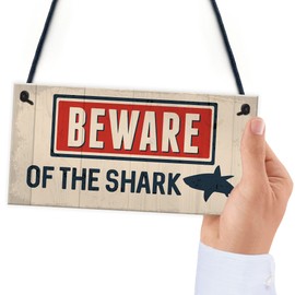 RED OCEAN Funny Beware Of The Shark Hot Tub Pool Party Sign Novelty Hanging Garden Signs