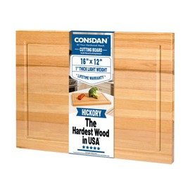 CONSDAN Wood Cutting Board for Kitchen, 16 x 12, USA Grown Solid Hickory Hardwood, Edge Grain, Chopping Board, Butcher Block with Juice Groove, Prefinished with Food-Safe Oil, 1" Thick