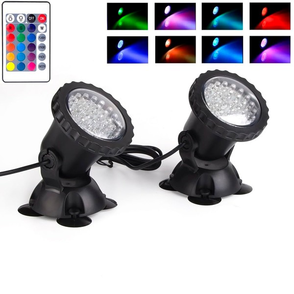 SHOYO Color Changing Fountain Light, RGB Underwater Pond Lights, Outdoor Submeisible LED Lights IP68 Waterproof Spotlights Color Dim Adjustable Water Landscape Spot Lights, 2 in Set