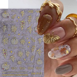 POWPOP Fall Nail Art Stickers Autumn Pumpkin Maple Leaf Crystal Nail Decals 3PCS Gold Fall Leaf Pumpkin Heart Nail Design Adhesive Stickers Nail Art Supplies for Thanksgiving Day DIY Nail Decoration