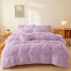 FOPPA Lilac Fluffy Comforter Cover Set King- Ultra Soft Fluffy Lilac Bedding Sets 3 Pieces (1 Duvet Cover + 2 Pillow case) Pink Fluffy Bed Set (Lilac, King)