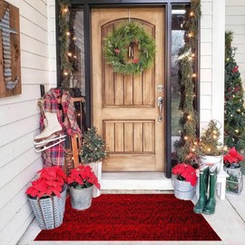 Christmas Outdoor Rug Doormat 2' x 4.3', Black/Red Area Rug Christmas Indoor Outdoor Decor, Cotton Hand-Woven Welcome Layered Door Mats for Front Porch, Entryway, Kitchen, Farmhouse