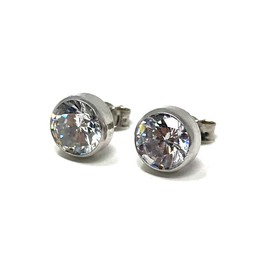 9ct White Gold Small Cubic Zirconia Rub Over Stud Earrings Men Women, Faux Leather