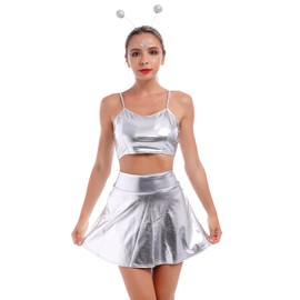 Alien Costume Women's Sexy Metallic Glitter Crop Top + Mini Skirts Headband Rave Outfit