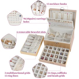 BOOVO Earring Jewelry Box For Women Girl Stud Organizer, 5 Layers Girl Jewelry Organizer Box With Lock Earring Holder Organizer Necklace Ring Jewelry Organizer Box For Girls (Champagne)