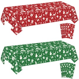 Christmas Tablecloths for Rectangle Table, 87x51'' Santa Claus Snowman Reindeer Snowflake Xmas Plastic Disposable Table Cover for Christmas Party Winter Events Decorations, Red and Green, 8 Pack