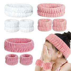 3 bandas y 6 muñequeras JAMAALCCD en blanco y rosa, microfibra de color sólido para lavar y maquillar