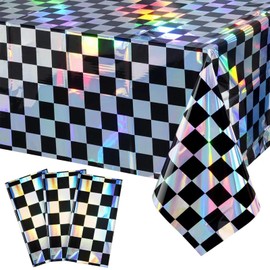 UgyDuky 3 Pack Black and Iridescent Checkered Plastic Tablecloth Shiny Disposable Laser Rectangle Table Covers Holographic Foil Tablecloth Iridescent Party Decoration for Picnic Camping Race Car Party