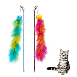 Andiker Cat Feather Toy, 2 Pieces Cat Wall Toy with Bell & Plush Balls, 12 inch Interactive Kitten Teaser Toy, Interactive Cat Toy for Cat Indoor Play Training (Red + Green)