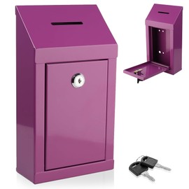 Metal Donation Box-Suggestion Box with Slot and lock-Cash Lock box for Money-Secure Drop Box-Comment and ballot voting box-comes with pre-drilled holes for easy wall mounting 10 X 6 X 2.5"(Purple)