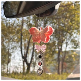 CusDusk Pink Butterfly Crochet Car Mirror Hanging Accessories, Coquette Knitted Handmade Butterfly Decor Bow Pendant for Rear View Mirrors, Auto Interior Ornament for Women Girl
