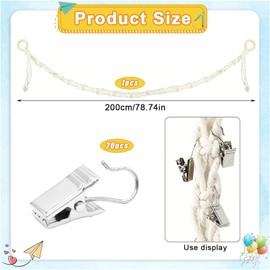 Mizoxy 2M Stuffed Animal Storage Chain with 20 Metal Clips, Boho Display Holder for Kids' Room, Cotton Hanging Organizer for Hats, Socks, Holiday Cards & Room Decor