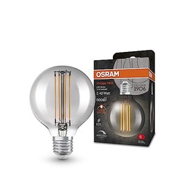 OSRAM Vintage 1906 LED Lamp with Smoke Tint, 11W, 500lm, Ball Shape with 80mm Diameter & E27 Base, Warm White Light Colour, Straight Filament, Dimmable, Up to 15,000 Hours Life