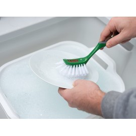 Fairy Soft Grip Washing Up Dish Brush with Non Scratch Scraper and Stiff Nylon bristles, Fairy Green