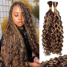 Ombre Human Braiding Hair 100g 26 Inch Highlight Honey Blonde Deep Water Wave 2 Bundles Bulk Human Hair for Micro Braiding Color P4/27 Wet and Wavy Curly Hair Extensions for Boho Braids Knotless