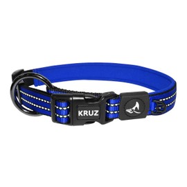 KRUZ PET KZV006-15L Reflective Dog Collar for Small, Medium, Large Dogs, 100% Nylon Adjustable Pet Neck Collar, Heavy Duty O-Ring, Soft, Comfortable Neoprene Padding - Blue - Large