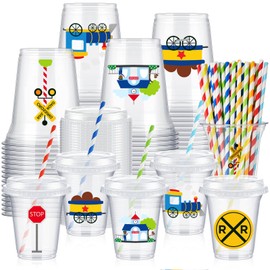 Boao 36 Sets Train Theme Party Cups with Lids and Paper Straws 14 oz Birthday Party Supplies Favors Disposable Clear Plastic Trains Cups Bulk
