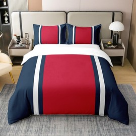 jejeloiu Red Blue Bedding Set for Kids Boys Girls Strip Lines Comforter Cover Set Queen Size Geometry Duvet Cover 100% Cotton Bedroom Decor Abstract Bedspread Cover Bedding Collection 3Pcs