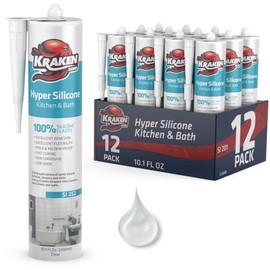 Kraken Bond Hyper Clear Caulking Sealant - (12x10.1 Fl. Oz) Fast Curing 100% Silicone Neutral for Kitchen & Bathroom, Bathtub, Shower and Sink, Low Odor, Waterproof, Anti Shrink Caulking, 12 Pack