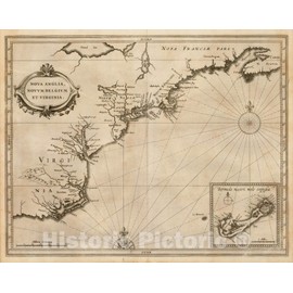 Historic Map : Nova Anglia, Novum Belgium et Virginia, 1630, Joannes De Laet, Vintage Wall Art : 24in x 18in