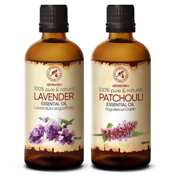 Essential Oils Set 2 x 100 ml - Aromatherapy with Patchouli Oil and Lavender Oil - Oils for Aroma Diffusers and Soaps - Lavender Oil for Scented Candles and DIY Natural Cosmetics - Patchouli Oil for