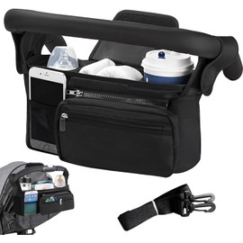 Organizador De Cochecito, Organizador universal del cochecitocon el sostenedor aislado de la taza-bolso desmontable del teléfono y correa de hombro, Se Adapta a La Mayoría De Cochecitos (negro)