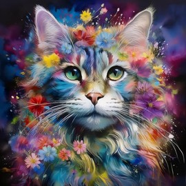 Fabric Panel 8"x8" Colorful Cat 100% Cotton Quilting Sewing Block P1593