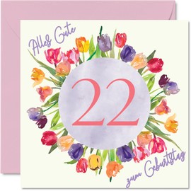 22nd Birthday Card for Women - Watercolor Tulips Flowers Bouquet - Happy Birthday Cards for 22 Year Old Wife Daughter Aunt, 145mm Twenty-Second Birthday Greeting Cards