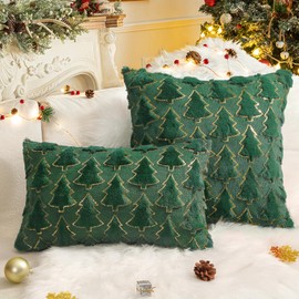 Knagsfa Christmas Throw Pillow Covers 16 x 16 Inch Set of 2, Green Christmas Tree with Gold Sequins, Winter Holiday Faux Fur Pillowcases Decor for Home Couch Sofa