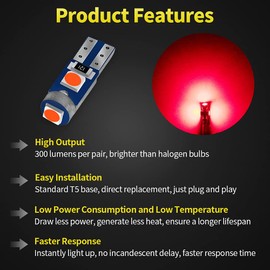 AUXLIGHT 20 Piece T5 LED Bulbs Dashboard Lights 3030 Chipsets 74 37 27 17 2721 Replacements for Interior Dome Door Instrument Panel Cluster Light, Brilliant Red