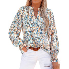 MASCOMODA Womens V Neck Floral Long Sleeve Tops 2024 Summer Casual Loose Puff Sleeve Chiffon Boho Work Blouse Dressy T Shirts(Floral Blue White,Medium)