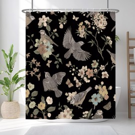 Renaiss 72x72 Inches Birds Floral Shower Curtain Watercolor Vintage Flowers Leaves Tree Branch Black Bath Curtain Plants Fabric Shower Curtains for Bathroom Decor Waterproof Polyester with Hooks