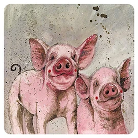 ALEX CLARK Pinkie and Perky Pig Coaster (single) - Pigs - Farm - Watercolour Design - Cork back