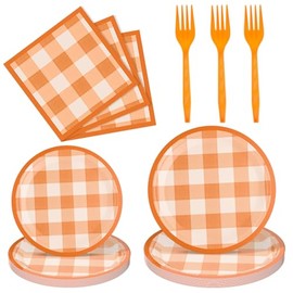 Honeydak 96 Pcs Fall Orange Plaid Party Supplies Thanksgiving Paper Plates and Napkins Fork Autumn Disposable Dinnerware Set Fall Tableware for 24 Guest Thanksgiving Party Decorations (Orange)