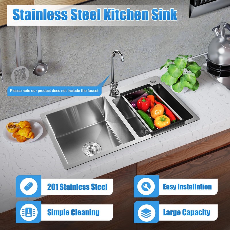 ZERNEIL 30" Drop In Stainless Steel Double Bowl Kitchen Bar