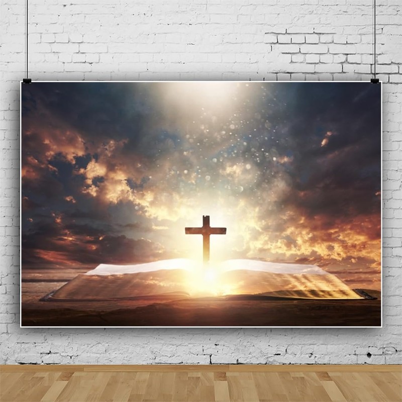 ZARROUEA 7x5ft Jesus Christ Cross Backdrop Opened Holy Bible Book