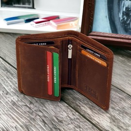 MORUCHA Small Genuine Distressed Leather Wallet for Men - Bifold Slim RFID Blocking Wallet - Zip Pocket & Id Window - Gift Boxed Compact Wallet #M45 (Rustic Brown)