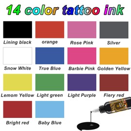 BAODELI Vegan-Friendly Pigment Ink,Supplies Ink Professional Tattoo Ink Color Set 14 Colors with 30 ml 1oz per Bottle Tattoo Ink Set for Tattoo Artist and Beginners Tattoo Supplies 14-30