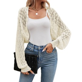 Famulily Hollow Bolero Cardigans for Women Ladies Summer Long Sleeve Comfy Shrug Cardigans (XL, Beige)