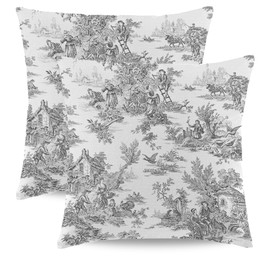 Wsunsal Black Grey Toile Pillow Covers 16x16 Inch Set of 2 Vintage French Country Throw Pillow Cover Farmhouse Square Linen Cushion Cover Decor for Home Sofa Bedroom Outdoor Indoor