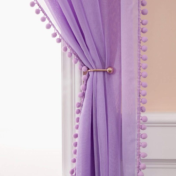 MIULEE 2 PCs 96 Inches Linen Textured Window Purple Sheer Curtains with Pom Pom for Bedroom Living Room Semi Transparent Kids Voile Panels for Light Filtering W 54 x L 96