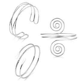 TELAIN Upper Bangle Silver Set Upper Bangle with 3 Silver Bangles, Adjustable and Minimalist, Boho Bangle Silver 925 Women, Wrap Bracelet Women (Style 7)