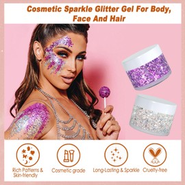 Boko 50ML Body Glitter Gel, Red Chunky Glitter Gel for Face Hair Body Makeup, Cosmetic Face Glitter Sequins for Festival Concert Party Christmas Cheer Makeup Rave Accessories - Flame Heart